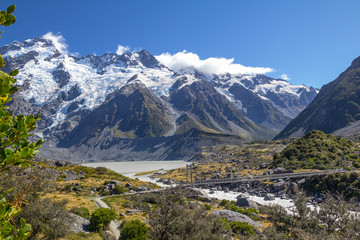 Sunny, autumn tramp on Hooker Valley Track, New Zealand