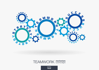 Connected cogwheels concept. Teamwork success, strategy plan, research words. Integrated gears, text. Business team work communication idea. Cog wheel collaboration mechanism. Vector infograph system