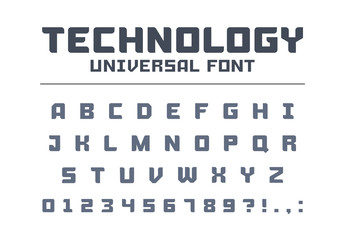 Technology universal poster font type. Strong, construction, engineering, techno alphabet. Letters, numbers typeset for military, industrial logo design. Modern minimalistic vector tech typeface