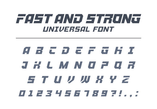 Fast, strong, high speed universal font. Sport, futuristic, technology, future alphabet. Letters, numbers for military industry, electric car racing logo design. Modern minimalistic vector typeface