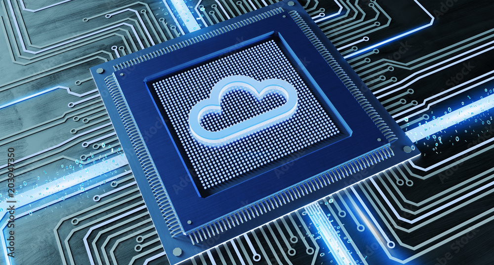 Poster cpu processor chip with a cloud and network connection on a circuit board - 3d render