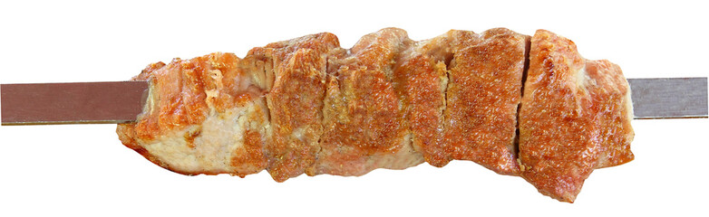 Fried pieces of meat strung on a metal skewer. Cooking on the grill. Heat treatment of food at the barbecue. Isolated image on white background with clipping path.