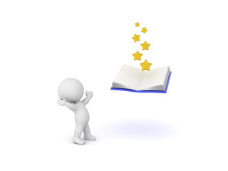3D Character looking up in awe at open book with stars coming out of it