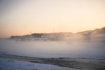 東京都日野市の朝焼けと雪景色　その１