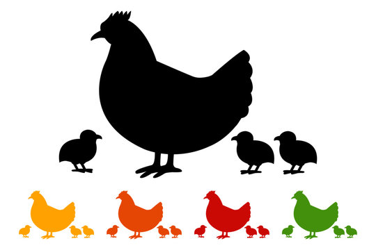 Hen with chicks icon, black silhouette on white background