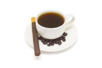 Brutal business concept coffee cup with beans and cigar isolated on white background. Flat lay, top view