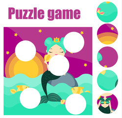 Obraz na płótnie Canvas Puzzle for toddlers. Match pieces and complete the picture. Educational game for pre school years kids with mermaid
