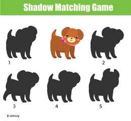 Shadow matching game. Kids activity with cute puppy dog