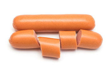 Sausages isolated on white background. Flat lay, top view