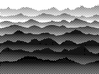 Black and white halftone mountains in the fog. Vector background.2