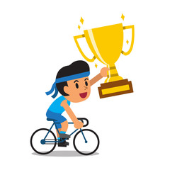 Vector cartoon sport man riding bike and holding big gold trophy cup award