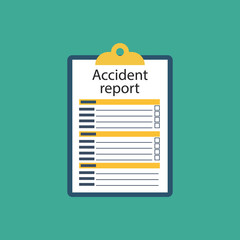 Accident report form. Man write application, pen and clipboard in hand. Template. Vector illustration flat design. Isolated on background.