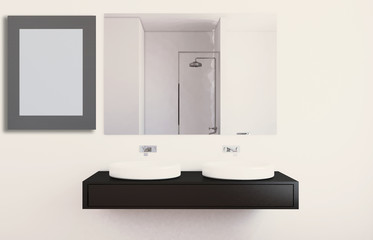 Modern bathroom including bath and sink. 3D rendering. . Empty paintings