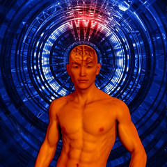 Asian man 3d figure with highlighted brain and brain waves on digital background - obrazy, fototapety, plakaty