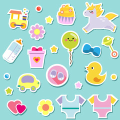 Baby stickers. Kids, children design elements for scrapbook. Decorative vector icons with toys, clothes, sun and other cute newborn babies symbols