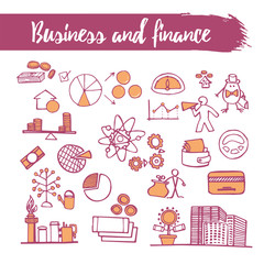 Outline sketched icons set business and finance theme. Line art. Team work. Pencil drawing. Vector illustration.