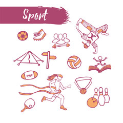 Outline sketched icons set sport theme. Line art. Pencil drawing. Vector illustration.