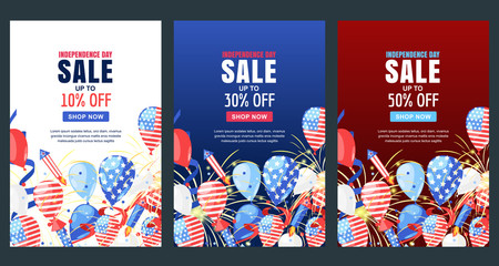 USA Independence Day. Sale vector banner. Holiday background with flag, air balloons, fireworks. 4 of July celebration - obrazy, fototapety, plakaty