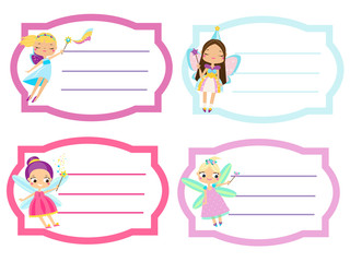 School labels with beautiful flying fairy. Name tags, Stickers for girls, pupil notebooks