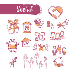 Outline sketched icons set social theme. Line art. Pencil drawing. Vector illustration.
