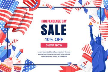USA Independence Day. Vector sale banner, poster. Holiday frame with white background. 4 of July celebration symbols.