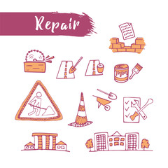 Outline sketched icons set maintenance theme. Line art. Pencil drawing. Vector illustration of repair service.