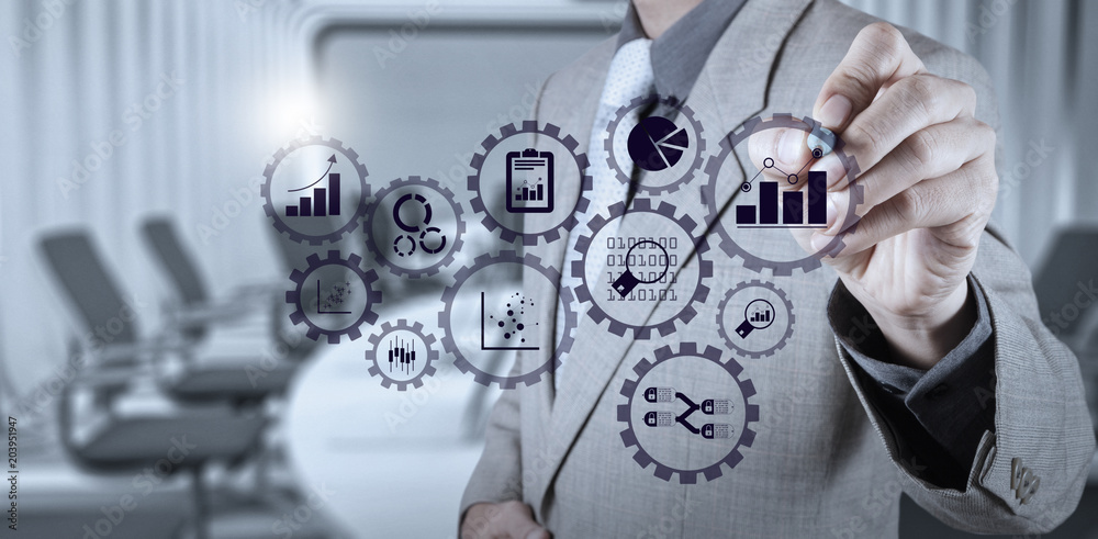Leinwandbilder business data analytics management with connected gear cogs with kpi financial charts and graph.