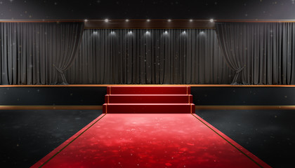 3d rendering of Background with a red curtain and a spotlight. Festival night show poster. Open red curtain. event premiere poster