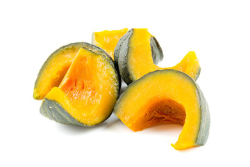 Slices of streamed pumpkin isolated on white background.