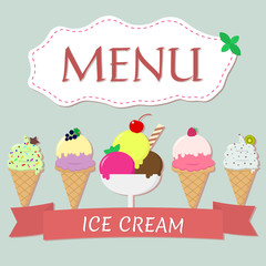 A set of five different sweet ice cream with red ribbon for menu design. Flat style, vector illustration.