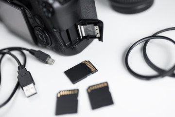 close up of dslr camera and sd memory card on the table