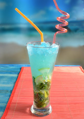 Non-alcoholic cocktail with ice blue color