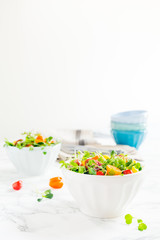 Mixed baby greens and cherry tomatoes salad in bowl. Superfood snack concept