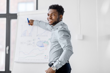 business, education and people concept - african american businessman with flip chart at office presentation