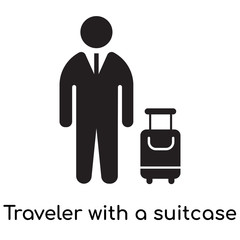 Traveler with a suitcase icon isolated on white background