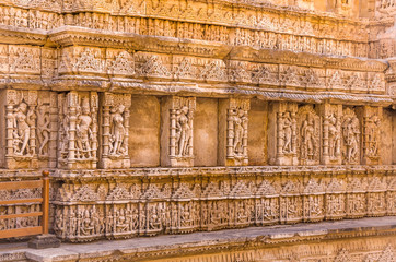 Sculptures of god and goddesses at Rani ki vav in Patan, Gujarat