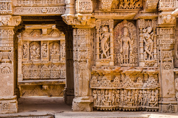 Sculptures of god and goddesses at Rani ki vav in Patan, Gujarat