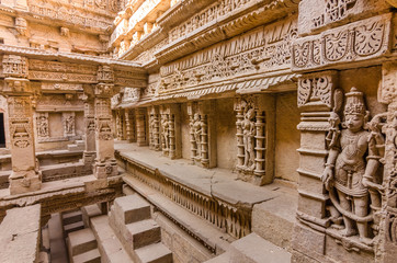 Sculptures of god and goddesses at Rani ki vav in Patan, Gujarat