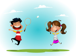 two girls playing badminton outdoor