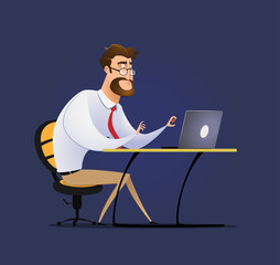 Employee funny cartoon character man sitting at the table
