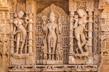 Sculptures of god and goddesses at Rani ki vav in Patan, Gujarat