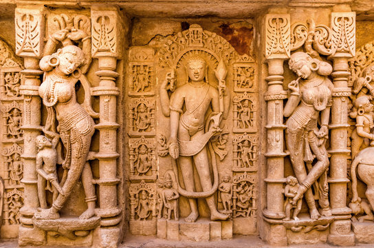 Sculptures of god and goddesses at Rani ki vav in Patan, Gujarat