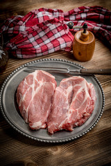 Slices of raw pork neck.