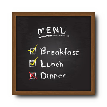 Blackboard and text food menu with check mark . Vector