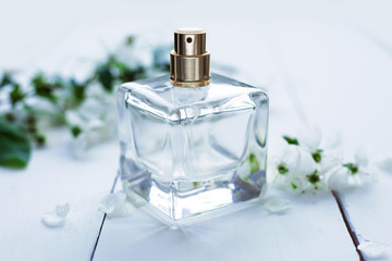 Perfume bottle on light background. Perfumery cosmetics fragrance collection