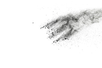 Fototapeta na wymiar black powder explosion on white background. Colored cloud. Colorful dust explode. Paint Holi.