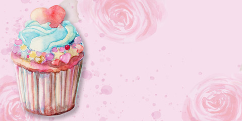 Watercolor party invitation card with roses and cupcake with heart candy and cream. Hand drawing, greeting decorative celebration illustration.