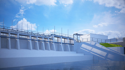 Dam, reservoir, waterkrachtcentrale, 3d illustratie, BIM