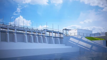 Fototapete Damm Staudamm, Stausee, Wasserkraftwerk, 3D-Darstellung, BIM