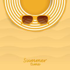Summer striped hat and yellow sunglasses. Woman beach sunhat on sand. Top view. Summer concept. Vector illustration